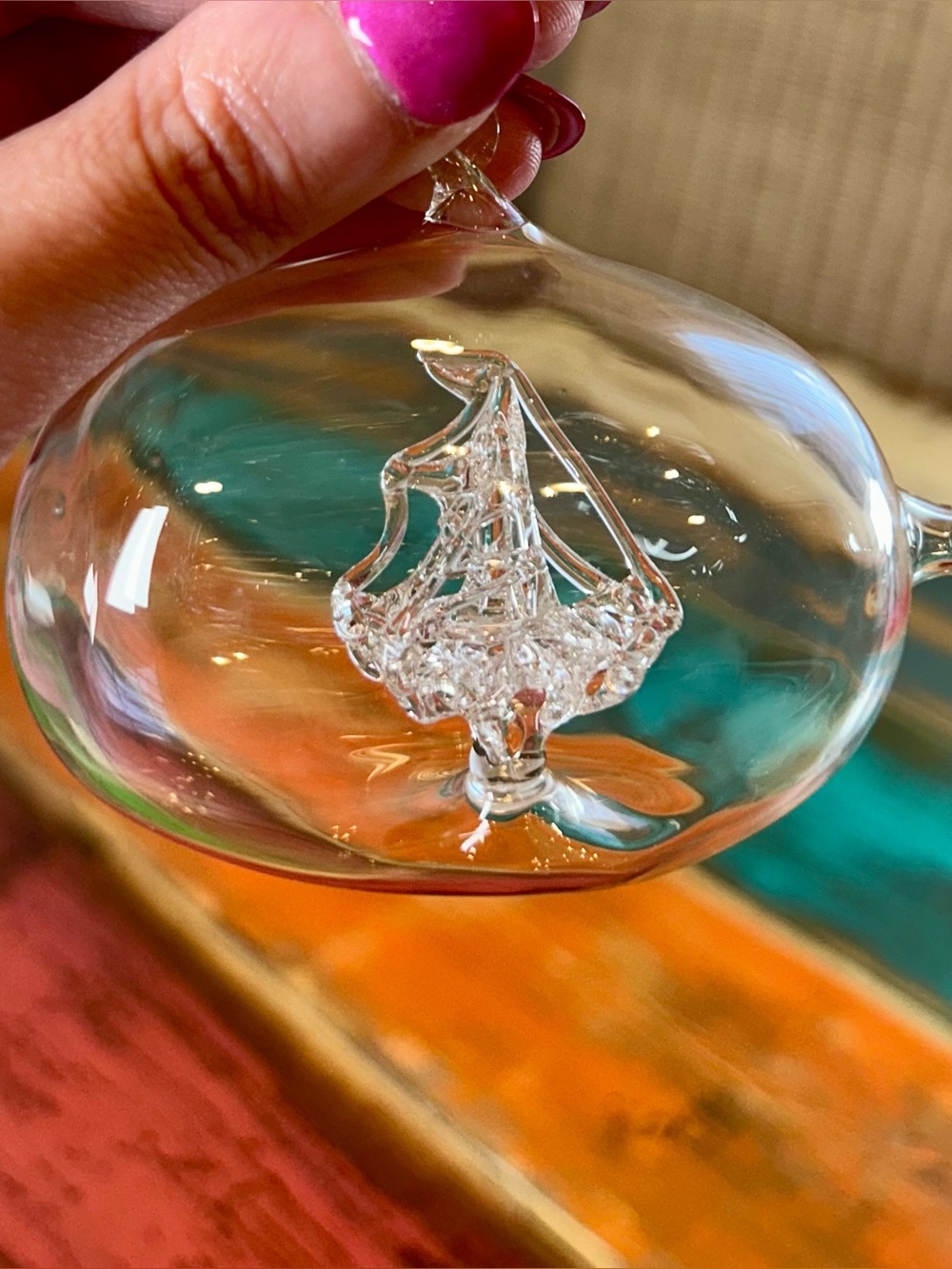 Vintage Hand Blown Spun Glass Sailboat Ornament Globe - Mid Century Art Glass
